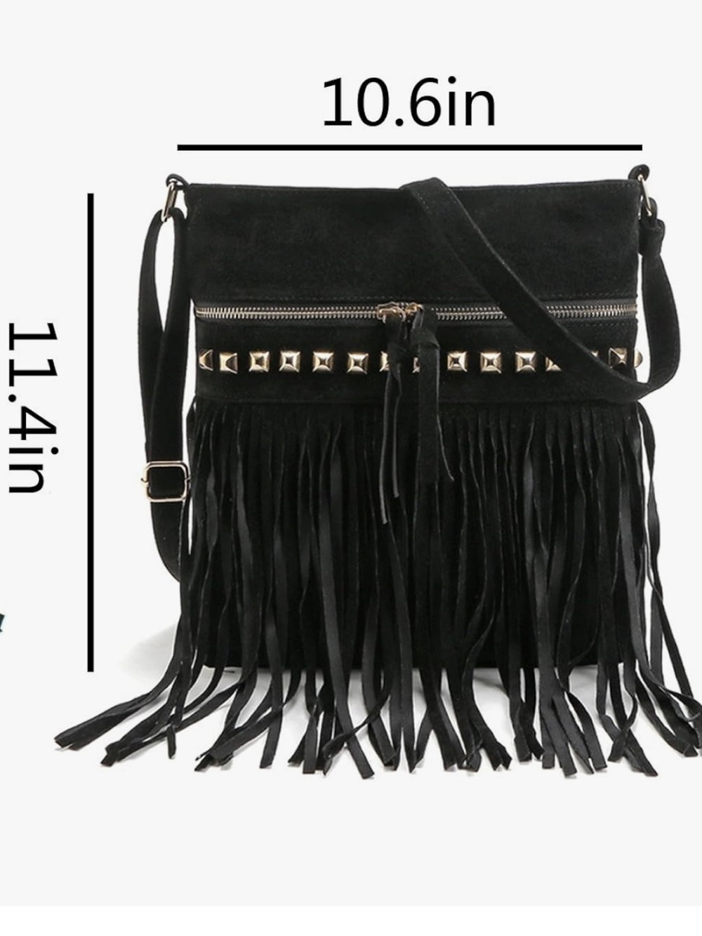 Black Fringe, Faux Suede, Crossbody Bag with Stud Detail - Picture 3 of 3